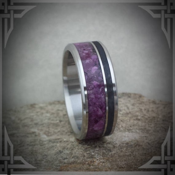 Titanium Ring with Violet Jade &  B.C. Black Jade Inlay.  Personalized Gift