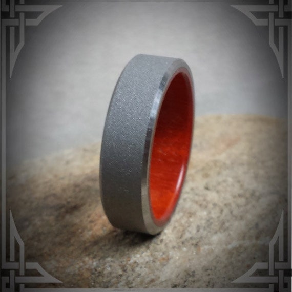 Sand Blasted Titanium Ring with a Padauk Wood Core. Personalized Gift