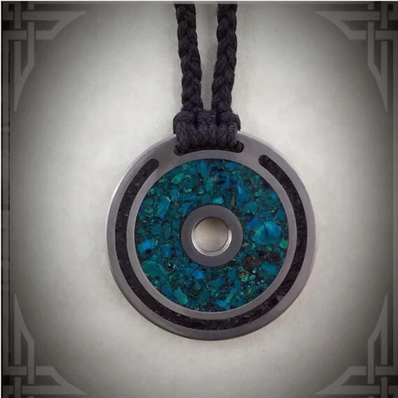 Necklace, Pendant - Titanium, Chrysocolla and a Black Jade Inlay. Custom & Unique Jewelry.