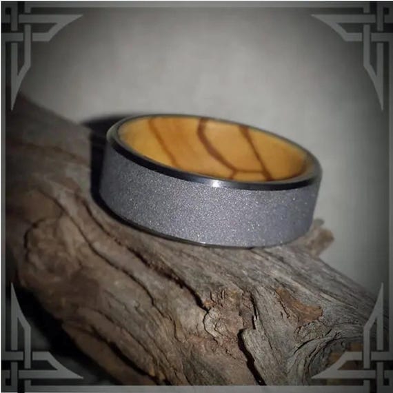Sand Blasted Titanium Ring: Bethlehem Olive Wood Core, Hypoallergenic