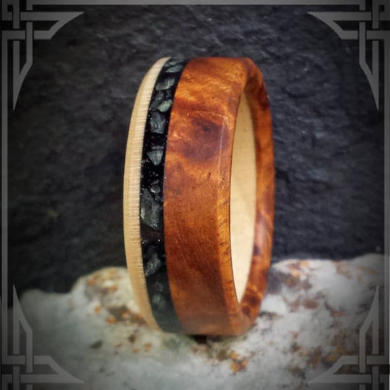 B.C Maple Burl and Maple Wood inner core with B.C Wedding Bands. Light Jade Inlay in black