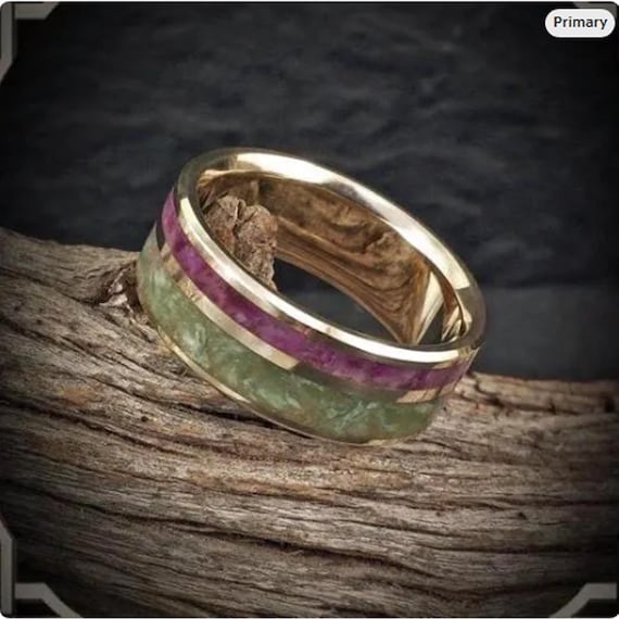 Jade Inlay 14K Gold Wedding Band: Green & Violet Stone Ring