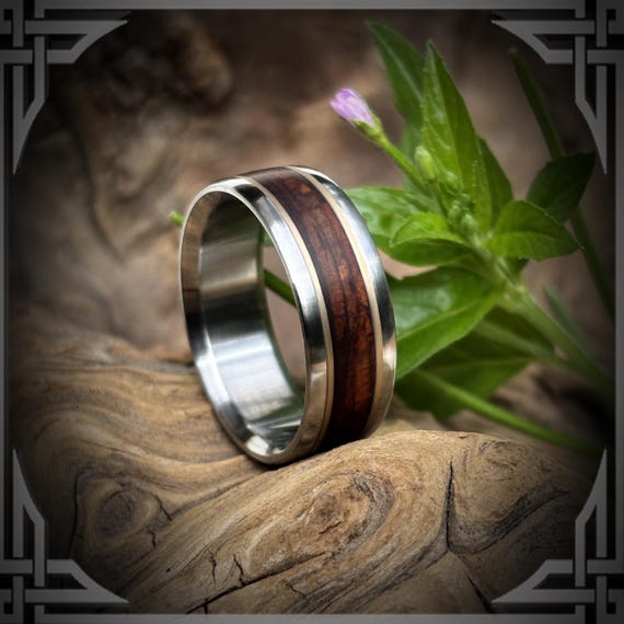 Titanium Ring, 14K Gold & Cocobolo Wood Inlay,