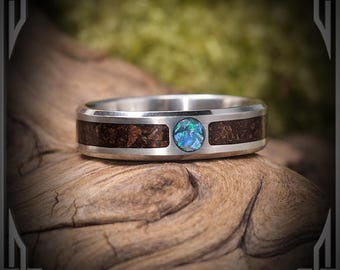 Australian Opal & Albertosaurus Inlay in Titanium Ring, Handmade Band