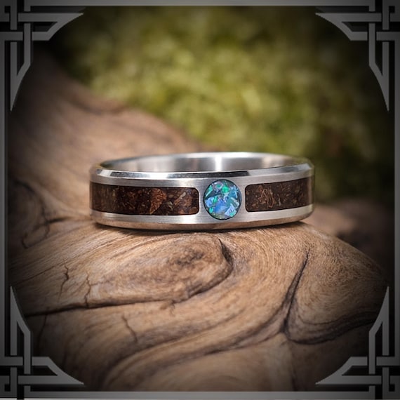 Australian Opal & Albertosaurus Inlay in Titanium Ring, Handmade Band