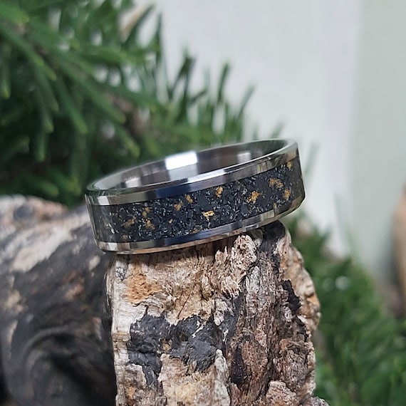 Lava Rock & 23 karat Gold in Titanium. Hand made Jewelry, Any Occasion. Men's Wedding Bands, Wedding Rings