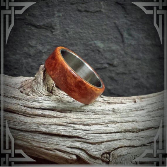 Amboyna Burl on Titanium.  Jewelry, Any Occasion. Men's Wedding Bands, Wedding Rings