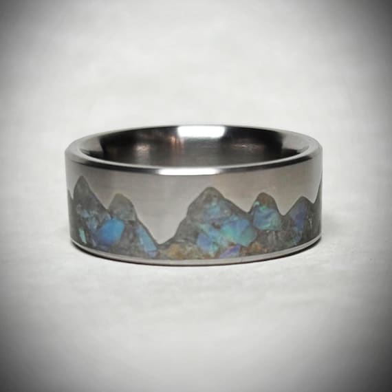 Australian Opal Mountain Ring, Titanium Mountain Wedding Band, Natural Stone Inlay, Handmade in Canada