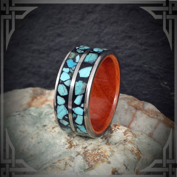 Turquoise in Titanium with a Padauk Wood Core. Jewelry, Any Occasion. Men's Wedding Bands, Wedding Rings