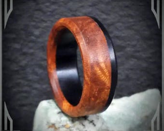 Handmade Amboyna Burl Wood Ring: Ebony Core, Carbon Fiber Wedding Band