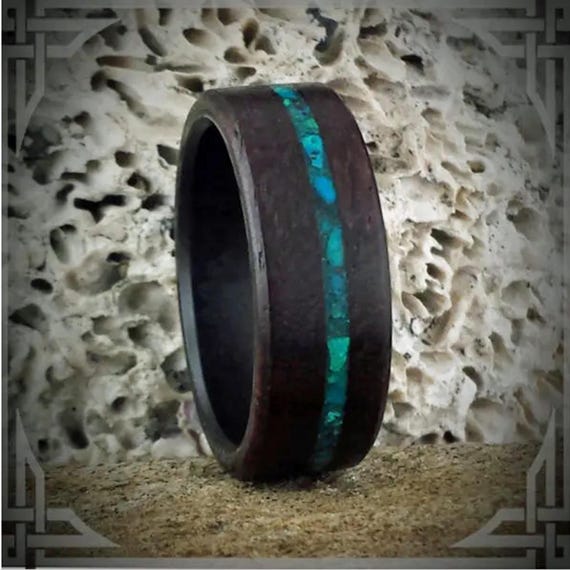Chrysocolla Inlay Ring: Indian Rosewood & Carbon Fiber Wedding Band