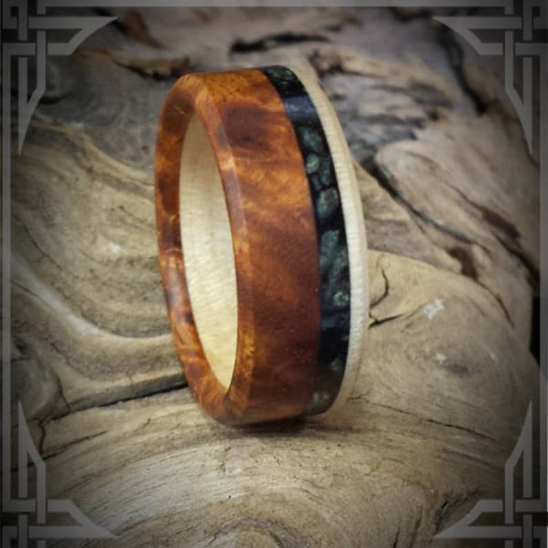 B.C Maple Burl and Maple Wood inner core with B.C Wedding Bands. Light Jade Inlay in black
