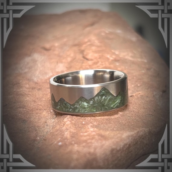 Green Jade Mountain Titanium Ring, Handmade Inlay