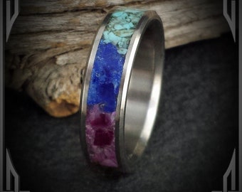 Titanium Chakra Stone Ring, Rainbow Inlay Band
