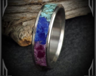 Rainbow / Chakra Stone In Titanium. Jewelry, Any Occasion. Men's Wedding Bands, Wedding Rings