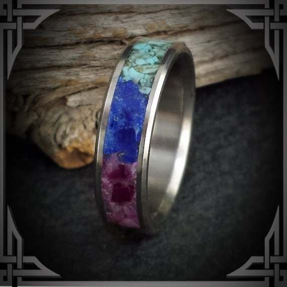 Rainbow / Chakra Stone In Titanium. Jewelry, Any Occasion. Men's Wedding Bands, Wedding Rings