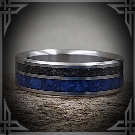 Lapis Lazuli & Meteorite in Titanium. Handmade Jewelry, Any Occasion. Men's Wedding Bands, Wedding Rings