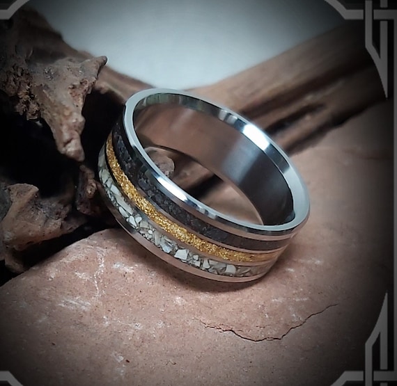 24 Karat Gold, Meteorite, Mosasaurs Dino Tooth in Titanium. Jewelry, Any Occasion. Men's Wedding Bands, Wedding Rings