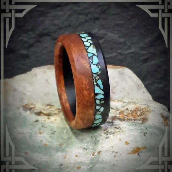 Amboyna Burl Wood Ring: Ebony Core, Sleeping Beauty Turquoise Inlay