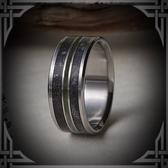 Handmade Titanium Ring: Green Jade, Meteorite, Dino Bone Inlay