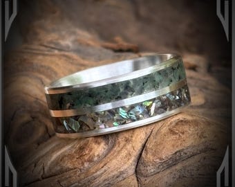 925 Silver with a Abalone Shell & Emerald Stone Inlay, Custom Jewelry, Made in Canada
