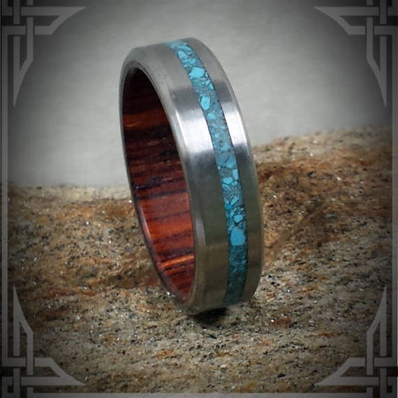 Turquoise In Titanium on Cocobolo Hardwood.  Jewelry, Any Occasion. Men's Wedding Bands, Wedding Rings