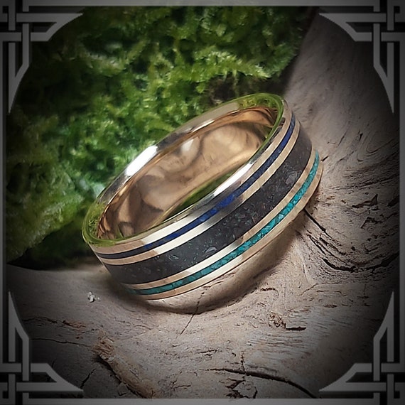 Turquoise, Meteorite & Lapis Lazuli in 14 Karat Gold Band. Jewelry, Any Occasion. Men's Wedding Bands, Wedding Rings