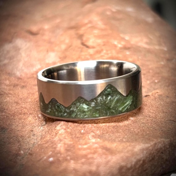 Green Jade Mountain Ring, Titanium Mountain Wedding Band, Natural Stone Inlay, Handmade in Canada