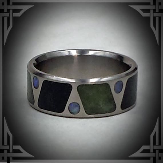 Titanium Wedding Band: Australian Opal, Black & Green Jade Inlay