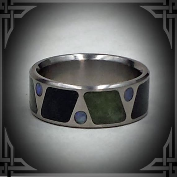 Australian Opal, BC Black & Green Jade in Titanium. Jewelry, Any Occasion. Men's Wedding Bands, Wedding Rings