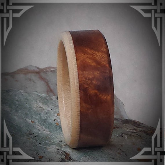 B.C. Maple Burl, Maple Wood inner core and Carbon Fiber.  Unique Handmade Jewelry Men's Wedding Bands, Wedding Rings