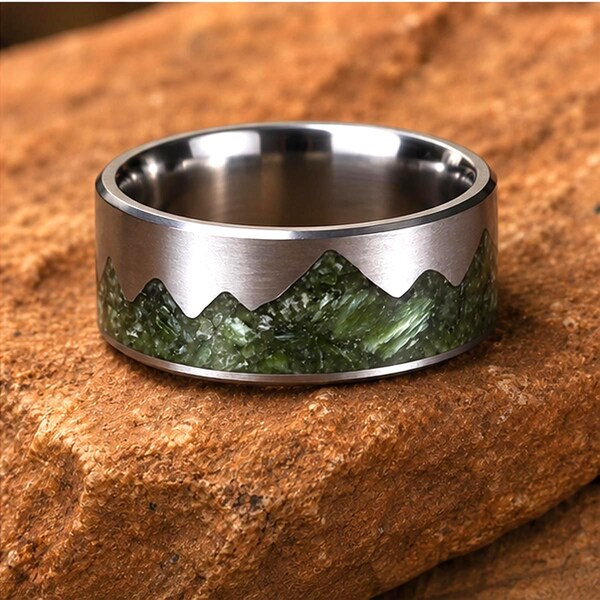 Green Jade Mountain Ring, Titanium Mountain Wedding Band, Natural Stone Inlay, Handmade in Canada