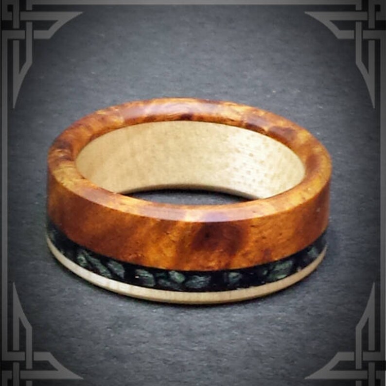 B.C Maple Burl and Maple Wood inner core with B.C Wedding Bands. Light Jade Inlay in black