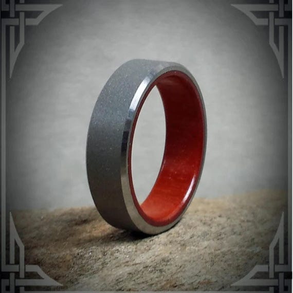 Sand Blasted Titanium Ring, Padauk Wood Core, Handmade Band