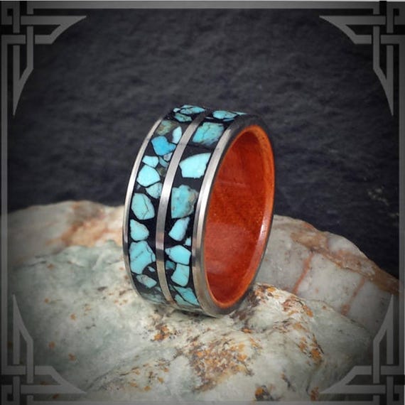 Titanium Wedding Band: Turquoise Inlay, Padauk Wood Core