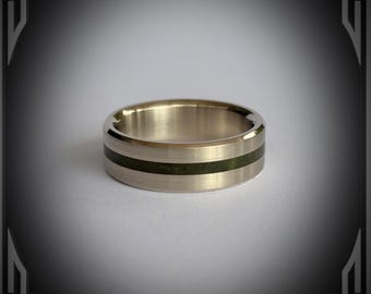 Green Jade Inlay Ring: 14K White Gold Brushed Band, Handmade
