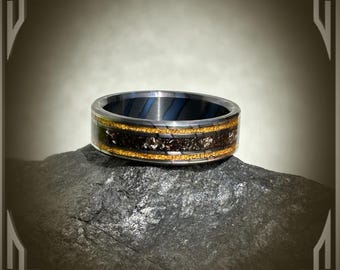 Damascus Zirconium Meteorite Ring: 24K Gold & Silver Inlay Wedding Band