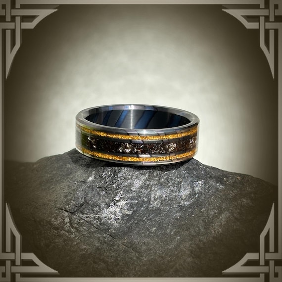 Damascus Zirconium Meteorite Ring: 24K Gold & Silver Inlay Wedding Band