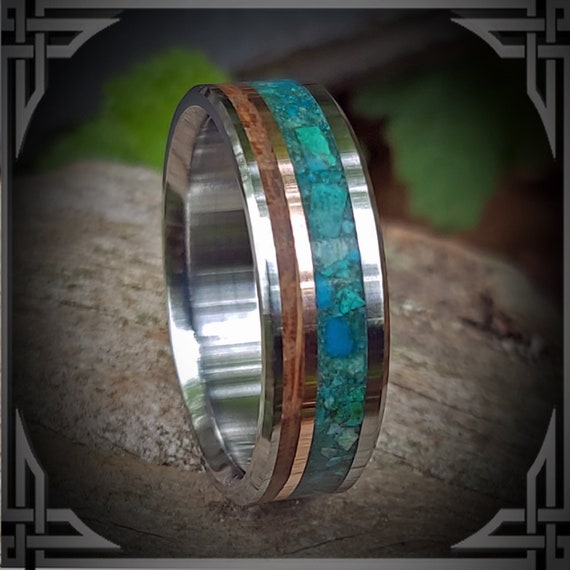 Chrysocolla, Whisky Barrel Oak and Copper in Titanium. Jewelry, Any Occasion. Men's Wedding Bands, Wedding Rings