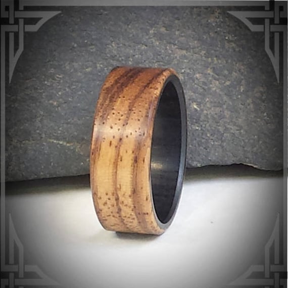 Zebra Wood on Carbon Fiber.  Jewelry, Any Occasion. Men's Wedding Bands, Wedding Rings