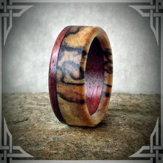 Handmade Spalted Maple & Purple Heart Wood Ring - Carbon Fiber Core
