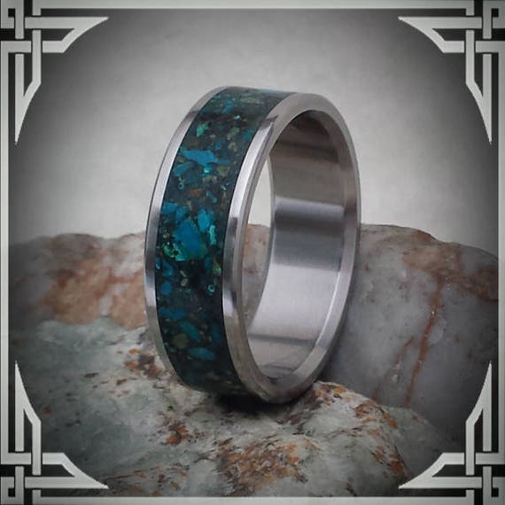 Chrysocolla in Titanium. Jewelry, Any Occasion. Men's Wedding Bands, Wedding Rings