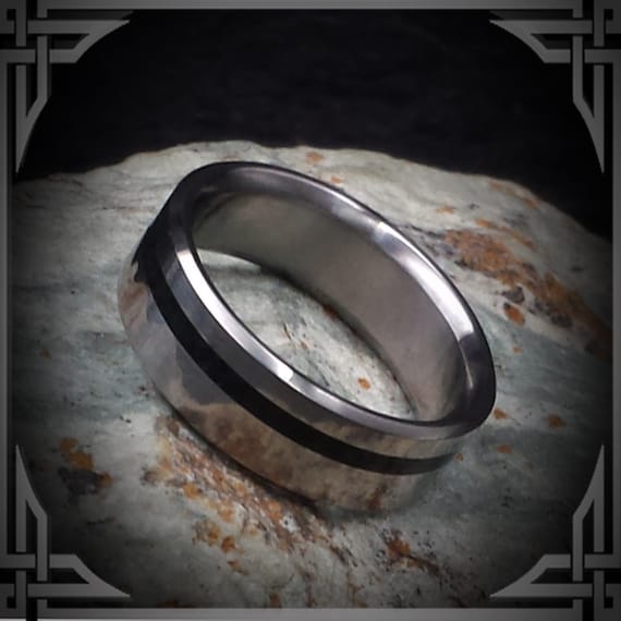 Titanium Ring with Black Jade Narrow Off Centered Inlay.  Personalized Gift