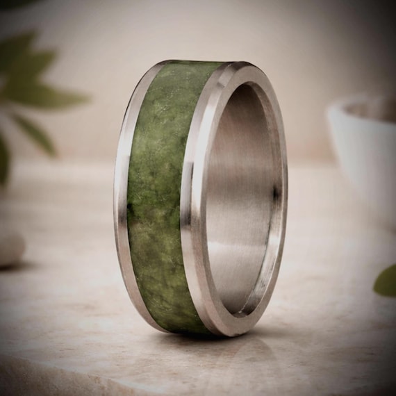 Green Jade Ring, Titanium  Wedding Band, Natural Stone Inlay, Handmade in Canada