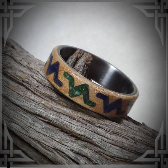 Lapis Lazuli & Fuchsite in Maple Wood on Titanium. Jewelry, Any Occasion. Men's Wedding Bands, Wedding Rings