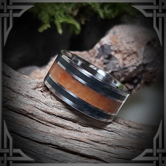 Titanium Ring with Mexican Opal & Black Jade Inlay, Made in Canada