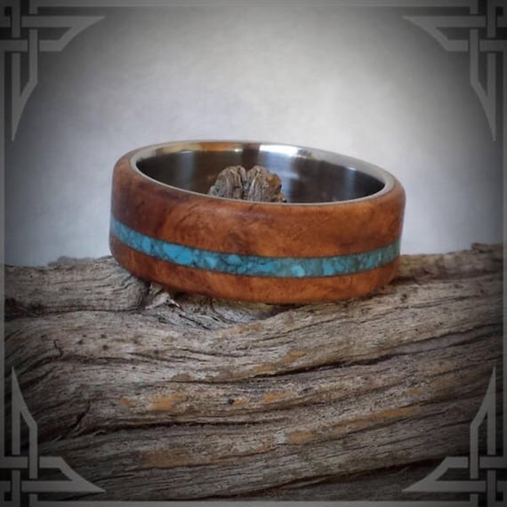 Turquoise Amboyna Burl Titanium Ring, Waterproof Wood Inlay