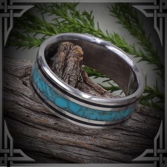 Titanium Ring, with Sleeping Beauty Turquoise and Black Jade inlays. Custom Jewelry. Wedding Band.