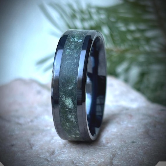Green Jade Ring,  Black Titanium/Zarconium  Wedding Band, Natural Stone Inlay, Handmade in Canada