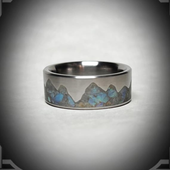 Australian Opal Titanium Ring, Mountain Inlay, Handmade Band